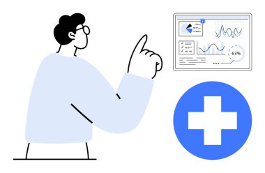 Analitik gösterge paneline bakan tıp uzmanı grafikleri, grafikleri ve sağlık istatistiklerini gösteriyor. Sağlık, tıbbi teknoloji, teşhis, yenilik, ilerleme izleme, hasta yönetimi için ideal