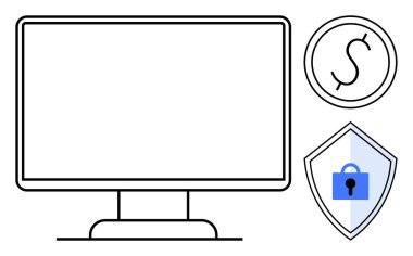 Bilgisayar monitörü, dolar sembolü daire içinde, asma kilitli kalkan. Çevrimiçi güvenlik, finans yönetimi, siber güvenlik, e-ticaret, güvenli işlemler, mali koruma ve dijital güvenlik için ideal