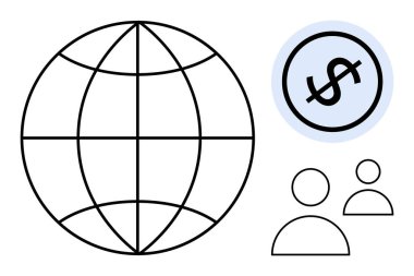 Boylam-enlem çizgileri olan dünya, daire şeklinde dolar işareti, iki kullanıcı simgesi. Küresel finans, takım çalışması, ticaret, ekonomi ve yatırım ortaklıkları için ideal. Düz basit metafor