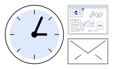 Zamanı temsil eden saat, analitik görüntüleme paneli, iletişimi sembolize eden zarf. Üretkenlik, veri analizi, programlama, iletişim, iş akışı dijital takım çalışması için idealdir. Düz