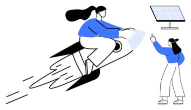 Roketin üzerinde uçan kadın figürü, güneş panelini işaret eden kadın. Teknoloji, yenilik, yenilenebilir enerji, takım çalışması, liderlik, başarı ve sürdürülebilir kalkınma kavramları için idealdir. Düz basit