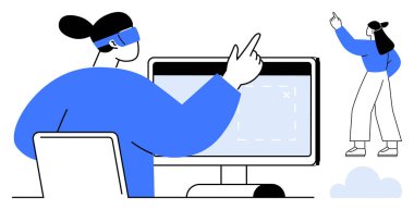 Jest bazlı kontroller kullanarak bilgisayarla gelişmiş gerçekliği keşfeden bir kadın. Ekran etkileşimi ve işaret eylemleri. Teknoloji, yenilik, sanal gerçeklik, tasarım, takım çalışması, öğrenme için ideal