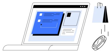 E- ticaret arayüzü ile ürün listelerini gösteren bir dizüstü bilgisayar, yanında bir alışveriş çantası ve düşen bir madeni para. Dijital ticaret, çevrimiçi perakende, kâr, alışveriş, teknoloji, ekonomi ve tüketici için ideal