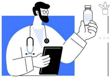 Beyaz önlüklü doktor ilaç şişesi üzerinde çalışırken elinde tablet, boynunda steteskop tutuyor. Sağlık, danışma, teletıp, tıbbi araştırma, eczane ve yenilik için ideal
