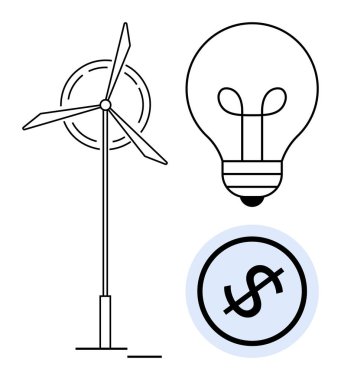 Temiz enerji üreten rüzgar türbini, fikirleri veya yaratıcılığı simgeleyen ampul ve ekonomik değeri gösteren dolar işareti. Temalar için ideal enerji, sürdürülebilirlik, teknoloji, yenilik