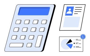 Dijital ekran, profesyonel özgeçmiş ve para birimi sembollü bir hesap makinesi. Analiz, bütçe, insan kaynakları, muhasebe, kariyer planlaması, finans, düz metafor.