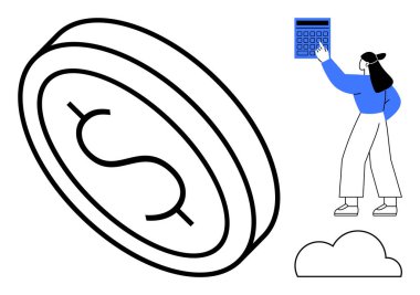 Kadın, mali yönetim, hesaplama, tasarruf, fintech, yatırımlar, muhasebe ve dijital kaynakları temsil eden para ve para birimi yakınlarındaki hesap makinesiyle etkileşim halindedir. Para için ideal.