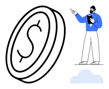 Elinde bir tablet olan işadamı, maddi büyümeyi, başarıyı ve yönetimi simgeleyen büyük bir madeni parayı işaret ediyor. Finans, yatırım, sunumlar, girişimcilik, ekonomi için ideal