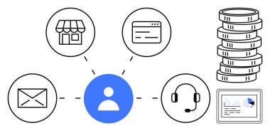 E- posta, mağaza önü, çevrimiçi platform, destek, finans, analiz için simgelere bağlı kullanıcı profili. İş yönetimi, müşteri ilişkileri, e-ticaret pazarlama finansal planlama verileri için ideal