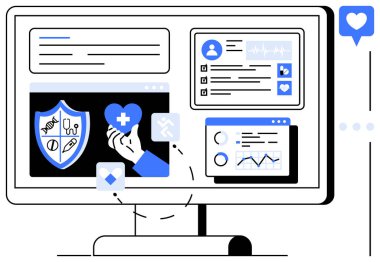 Tıbbi kalkanı, kalbi, hasta verileri ve analitik çizelgeleri olan bilgisayar ekranı. Sağlık teknolojisi, hasta yönetimi, teletıp, veri analizi, tıbbi uygulamalar için ideal