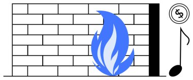 Tuğla duvara dayanan mavi alev korumayı, enerjiyi ve güvenliği simgeler. Dolar sembolü ve not finansal ve yaratıcı temaları işaret ediyor. Teknoloji, güvenlik, finans, yaratıcılık ve müzik için ideal