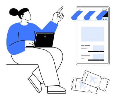 Dizüstü bilgisayar kullanan bir kadın, biletlerle seyahat planlarken cep telefonu mağazasını işaret ediyor. Seyahat rezervasyonu, online alışveriş, e-ticaret, tatil planlaması, dijital etkileşim, kullanıcı arayüzü için ideal