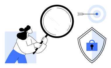 Büyüteçle inceleme yapan bir kadın, hedefi vuran bir ok, kilitli bir güvenlik kalkanı. Takım çalışması, hassasiyet, güvenlik, odaklanma, koruma analizi hedef belirleme için ideal. Soyut çizgi düz metafor