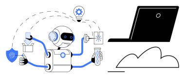 Kalkanları, paketleri, ampulleri, kar taneleri ve laptop ve bulutların yanında test tüpleri olan robotlar. Teknoloji, yenilik, otomasyon yapay zeka araştırma koruması için idealdir. Düz
