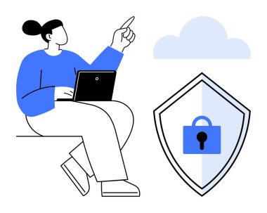 Bilgisayarı elinde tutan kişi, güvenlik kalkanı ve kilit simgesi ile bulutu işaret ediyor. Siber güvenlik, veri koruması, bulut depolama, dijital mahremiyet, çevrimiçi güvenlik, ağ güvenliği ve teknoloji için ideal