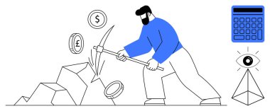 Kazma, hesap makinesi, göz ve piramit vurgulanmış para birimi sembolleri, finans, para birimi, yatırım, dijital varlıklar, zenginlik oluşturma analizi ve blok zinciri kavramları. Düz basit