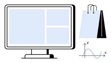 Izgara planlı masaüstü ekranı, e-ticareti sembolize eden alışveriş çantası ve analitiği temsil eden grafik. Çevrimiçi alışveriş, iş büyümesi, veri analizi, teknoloji, pazarlama ve perakende için ideal