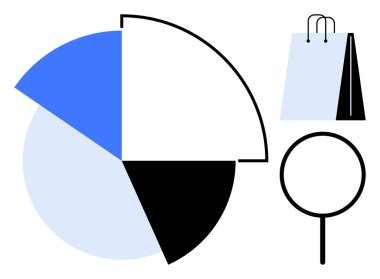Verileri temsil eden mavi, siyah, beyaz bölümlü pasta grafiği, alışveriş torbası, soruşturma için büyüteç. İş, analitik, perakende, araştırma pazarlama stratejisi için ideal