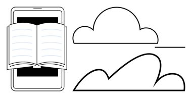 Akıllı telefon ekranında minimalist bulut çizgilerinin yanında açık bir kitap. E-öğrenme, bulut teknolojisi, eğitim, dijital dönüşüm, çevrimiçi kütüphaneler, mobil öğrenme, düz basit metafor için ideal