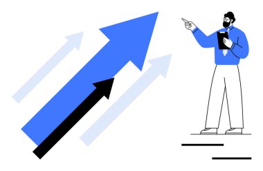 Büyümeyi, başarıyı ve stratejiyi temsil eden cesur okları işaret eden profesyonelce. Liderlik için ideal motivasyon, iş ilerlemesi, takım çalışması, hedef belirleme, performans düz metaforu