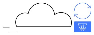 Senkronize oklar ve dijital depolamayı, veri senkronizasyonunu ve çevrimiçi satın almayı sembolize eden bir alışveriş arabası ile bulut ana hatları. Teknoloji, e-ticaret, bulut tabanlı hizmetler ve veri paylaşımı için ideal