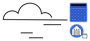 Bulut taslağı, hesap makinesi, depo ve depolama kutusu veri yönetimi, lojistik ve hesaplamaları vurguluyor. Teknoloji, finans, lojistik planlama, bulut depolama zinciri için ideal basit