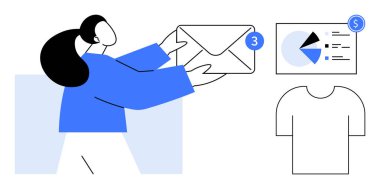 E-posta bildirimlerini yöneten kişi, içinde dolar olan turta grafiği ve tişört dijital iletişimi, analitiği ve e-ticareti vurgulayan. İş, teknoloji, strateji takım çalışması için ideal