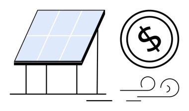 Güneş paneli bir dolar işareti ve rüzgar çizgilerinin yanında yenilenebilir enerji üretiyor, çevre dostu enerjiyi, maliyet verimliliğini ve çevresel etkiyi simgeliyor. Enerji, finans ve yenilik için ideal