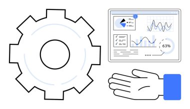 Dişliler detaylı bir analitik torpido gözüne ve açık bir ele bağlı. Verimlilik, veri analizi, iş büyümesi, teknoloji, takım çalışması, iş akışı, dijital araçlar için ideal. Düz basit metafor