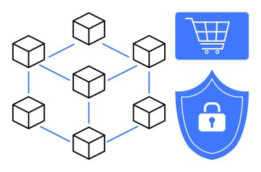 Birbirine bağlı küplerle temsil edilen blok zinciri kilit ve alışveriş arabası ikonu olan güvenli bir kalkan. E-ticaret, siber güvenlik, teknoloji, engelleme zinciri, dijital işlemler, veri güvenliği için ideal