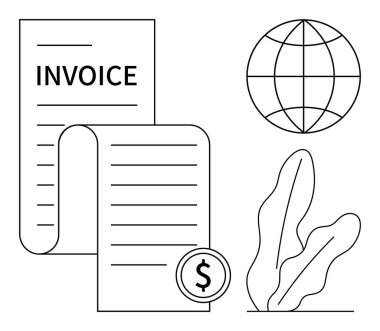 Metin, dolar işareti, dünya sembolü ve minimalist bitki içeren fatura belgeleri. Ödeme işlemleri, finans, küresel ticaret, muhasebe, e-ticaret işlemleri için ideal basit