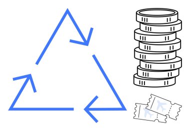 Yığılmış bozuk paralar ve biletlerle ok üçgeninin geri dönüşümü sürdürülebilirliği, kaynak yeniden kullanımını, eko finansmanı vurgular. Geri dönüşüm, ekonomi, atık yönetimi, ekoloji, sürdürülebilirlik ve yeşil için ideal