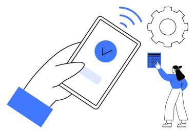 El ele tutuşan mobil cihaz kontrol işareti, dişli sembolize ayarları, hesap makinesiyle etkileşim halinde olan kişi. Teknoloji, üretkenlik, finans, güvenlik, uygulamalar, sistem yeniliği için ideal
