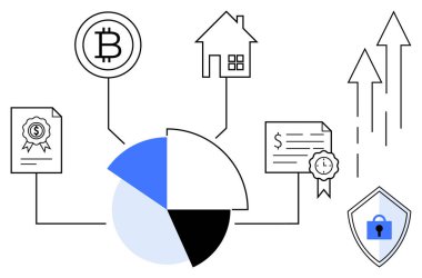 Turta şeması bitcoin, emlak, finansal belgeler ve güvenlik kilidi ile okları birbirine bağlıyor. Finans, kripto para birimi, yatırım, veri analizi, ekonomik büyüme güvenlik teması için ideal