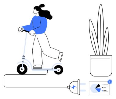 Elektrikli scooter kullanan bir kadın elektrik kablosuna bağlı ve yanında saksı bitkisi ve veri tablosu var. Yeşil enerji, kentsel hareketlilik, ulaşım, sürdürülebilirlik, verimlilik ve teknoloji için ideal