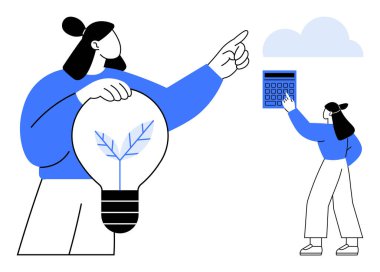 Bir kadın bitki dolu bir ampulle çevre dostu fikirler sunarken, diğeri bulut verilerini hesaplıyor. Sürdürülebilirlik, eko-yenilik, takım çalışması, teknoloji, veri analizi, bulut hesaplaması için ideal