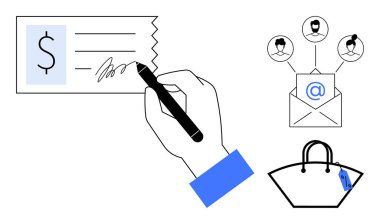 Çek imzalama, insanları çevreleyen e-posta ve bir alışveriş poşeti ikonu. Finans, iş yazışmaları, çevrimiçi alışveriş, iletişim, işlemler, tüketim dijital etkileşimleri için ideal