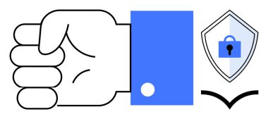 Kapalı yumruk, güvenlik için asma kilidi olan kalkanın yanına bağlılık anlamına gelir. Temalar için ideal güvenlik, koruma, güvenlik, güven, bağlılık, anlaşmaların güvenilirliği. Basit soyut çizgi