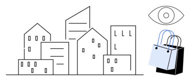 Bir göz sembolü ve alışveriş torbalarının yanında şehir binası ana hatları var. Kentsel planlama, tüketici davranışı, perakende analizi, modern gözetim, şehir hayatı, mimari, çevrimiçi alışveriş kavramları için ideal