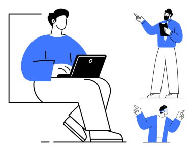 Dizüstü bilgisayarda çalışan kişi, fikirleri ve takım arkadaşlarını sunan ve aktif tartışmalara giren bir liderle birlikte çalışıyor. Takım çalışması, iletişim, liderlik, strateji, beyin fırtınası, işbirliği, daire