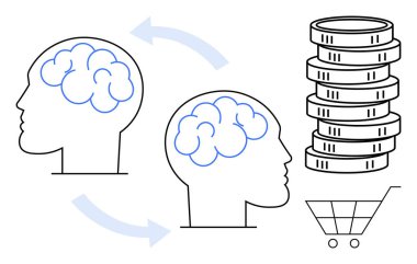 Bozuk paralar ve alışveriş arabalarıyla ilgili bilgi alışverişinde bulunan insan kafaları. Yaratıcılık, fikir aktarımı, ticaret, yenilik, ekonomi, eğitim, iş için ideal. Düz basit metafor