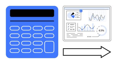 Hesap makinesi okla grafik, grafik ve veri içgörüsüyle dijital analitiğe geçiş yapıyor. Finans, hesaplama, üretkenlik, analiz, iş, başarı için ideal düz bir metafor