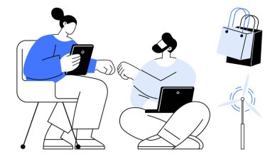 Dijital cihazlarla, rüzgar türbiniyle ve alışveriş torbalarıyla iş birliği. Takım çalışması, teknoloji, alışveriş, sürdürülebilirlik, e-ticaret, beyin fırtınası konuları için ideal