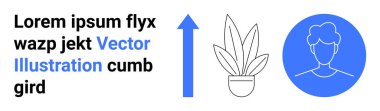 Ana hatlı saksı bitkisi ile mavi daireli kullanıcı avatarı arasında dikey ok yükseliyor. Büyüme, kişisel gelişim, yenilik, doğa, takım oluşturma, kendini geliştirme, düz iniş sayfası için ideal