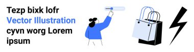 Keçeli kalem kullanan, elinde poşetler asılı duran, büyük yıldırımlı biri. Perakende satış, yaratıcılık, enerji, markalaşma, eğitim alışveriş deneyimi ve dijital reklamlar için ideal. Düz iniş sayfası pankartı