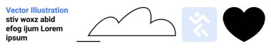 Bulut konturu, siyah kalp ve açık mavi karede çalışan figür simgesi. Sağlık, zindelik, sürdürülebilirlik, sağlık, aşk, yaşam tarzı için ideal basit iniş sayfası