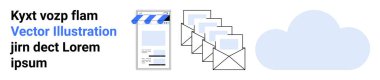 Çizgili tenteli, e-posta ikonlu ve bulutlu grafikler. E-ticaret, e-posta pazarlama, bulut hizmetleri, veri yönetimi, dijital markalaşma, çevrimiçi perakende satis sayfası