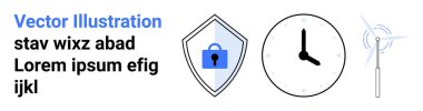 Kilitli kalkan, saat, rüzgar türbini güvenliği, zaman yönetimini ve sürdürülebilirliği temsil ediyor. Teknoloji, enerji, iş stratejisi, verimlilik koruması dijital araçlar düz iniş için ideal