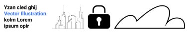 Minimalist şehir silueti, kalın asma kilit ve ana hatlarıyla belirlenmiş bulut şekli veri güvenliği, kentsel altyapı ve dijital depolamayı vurguluyor. Teknoloji, siber güvenlik, bulut hesaplama ve veri depolama için ideal
