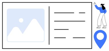 Resim tutucu, metin alanları, harita işaretleyicisi ve işaret eden kişi içeren dijital profil kartı. Kullanıcı profilleri, navigasyon, kimlik, iletişim kişisel markalaşma dizinleri ve uygulamaları için ideal. Düz